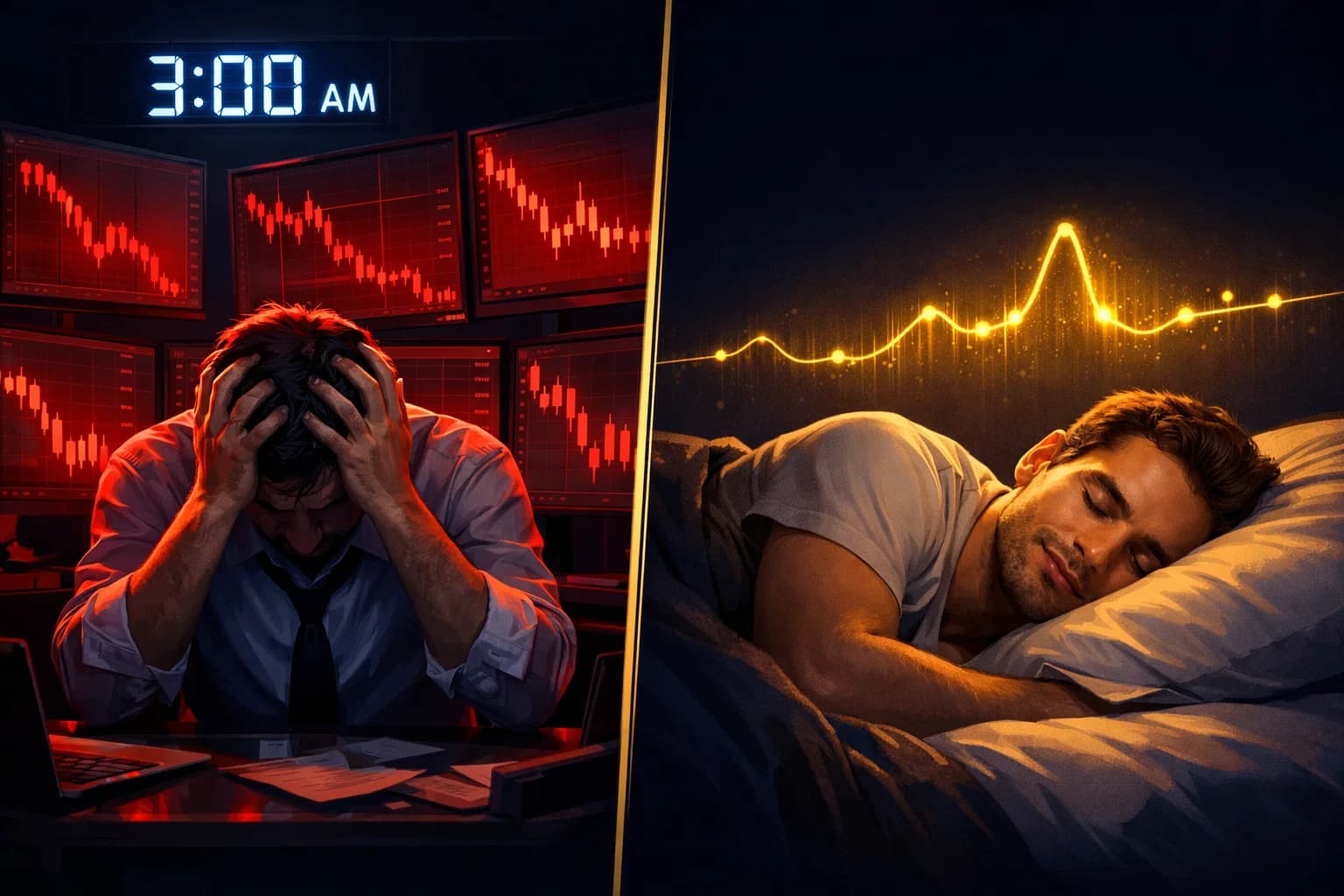 Split-screen: stressed trader at 3 AM vs. peaceful sleep while algorithm optimizes