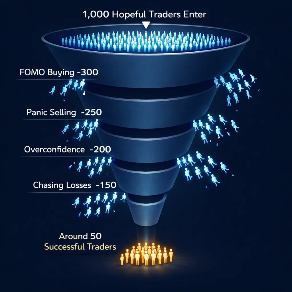 Infographic funnel: 1,000 traders enter, most fall away to FOMO, panic selling, overconfidence, and chasing losses — only ~50 remain