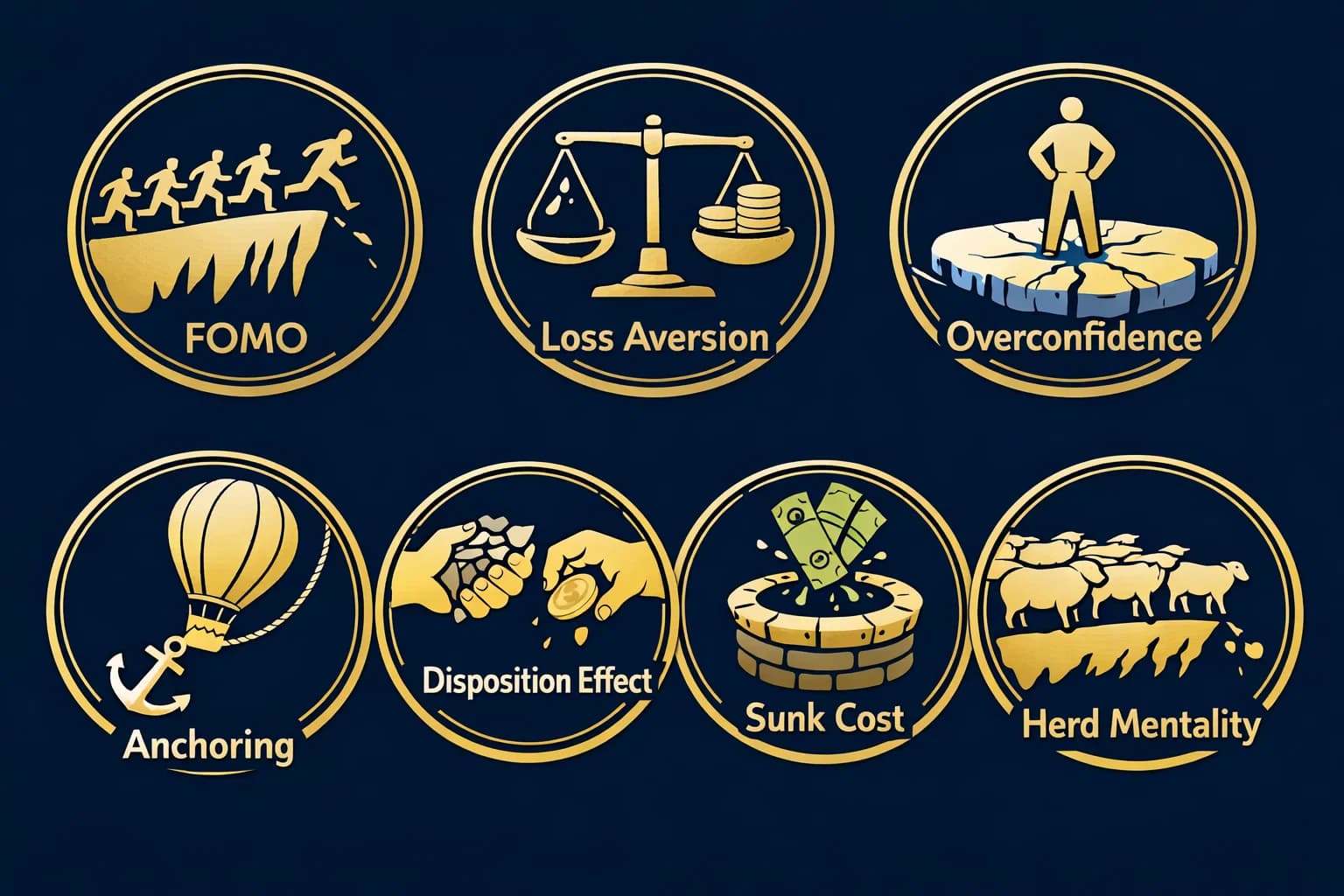 Visual grid of seven cognitive bias icons: FOMO, Loss Aversion, Overconfidence, Anchoring, Disposition Effect, Sunk Cost, Herd Mentality