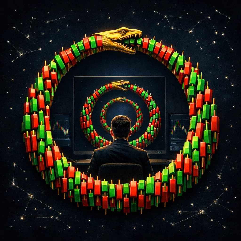 Ouroboros made of golden candlestick chart elements — a serpent eating its own tail, with a trader staring at a screen inside the circle