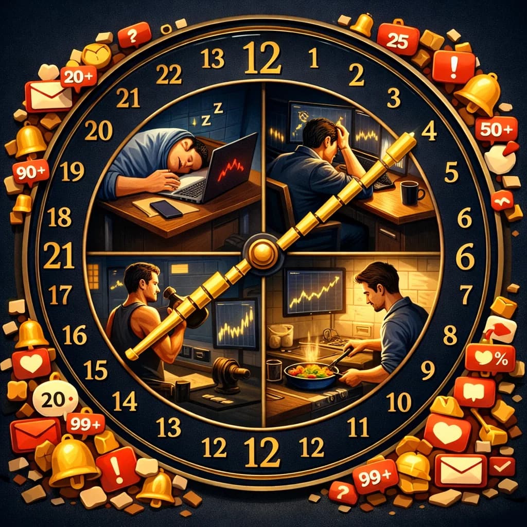 24-hour clock face showing a trader missing signals at every hour — sleeping, working, cooking, exercising — while notifications pile up