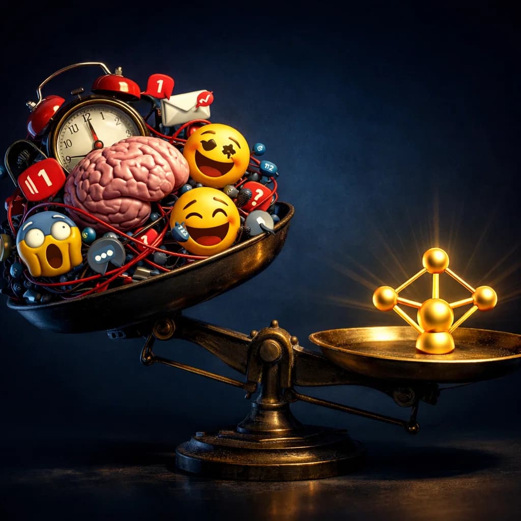 Balance scale: chaotic human elements on one side vs. a single calm golden algorithm node on the other — scale tips toward the algorithm