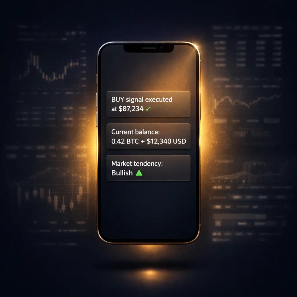 Clean smartphone showing Unic ONE chat interface with simple trade messages, while complex trading dashboards fade away in the background