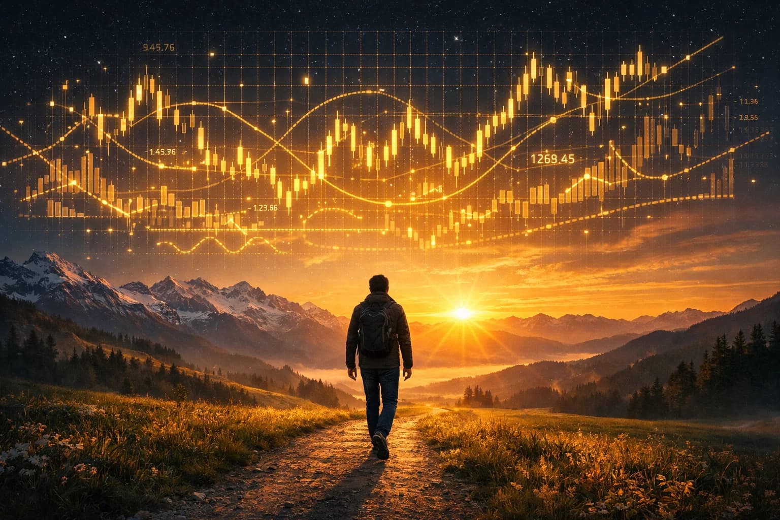 A person walking calmly through a landscape while a golden grid of market data and algorithmic patterns works silently in the sky above