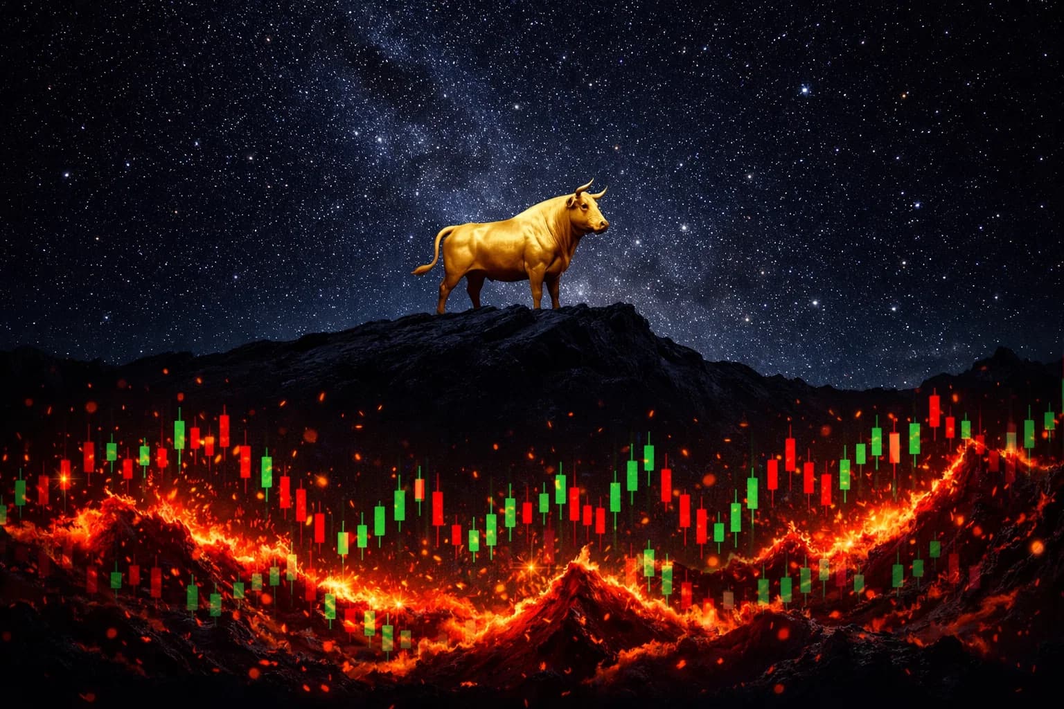 Golden bull standing on a ridge, calm above a churning sea of red and green candlesticks — One strategy. One future.